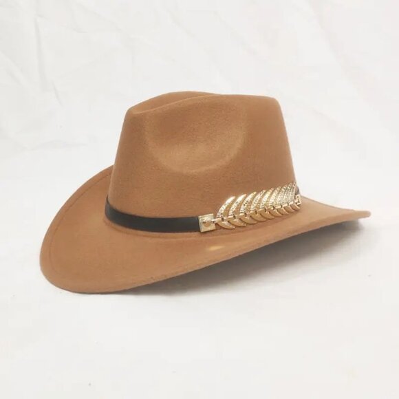 Beige Western‎ Cowboy Cowgirl Hat Felt Wide Brim Fedora with Gold Leaf Accent - Picture 1 of 6